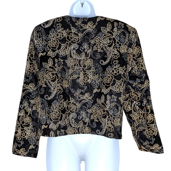 Joanna Vintage Black Gold Velvet Brocade Jacket Embroidered Metallic Floral Crop - Picture 3 of 16